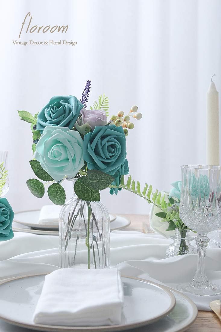 Floroom Artificial Flowers 25pcs Real Looking Teal Green Foam Fake Roses with Stems for DIY Wedding Bouquets Baby Shower Centerpieces Party Tables Home Decorations