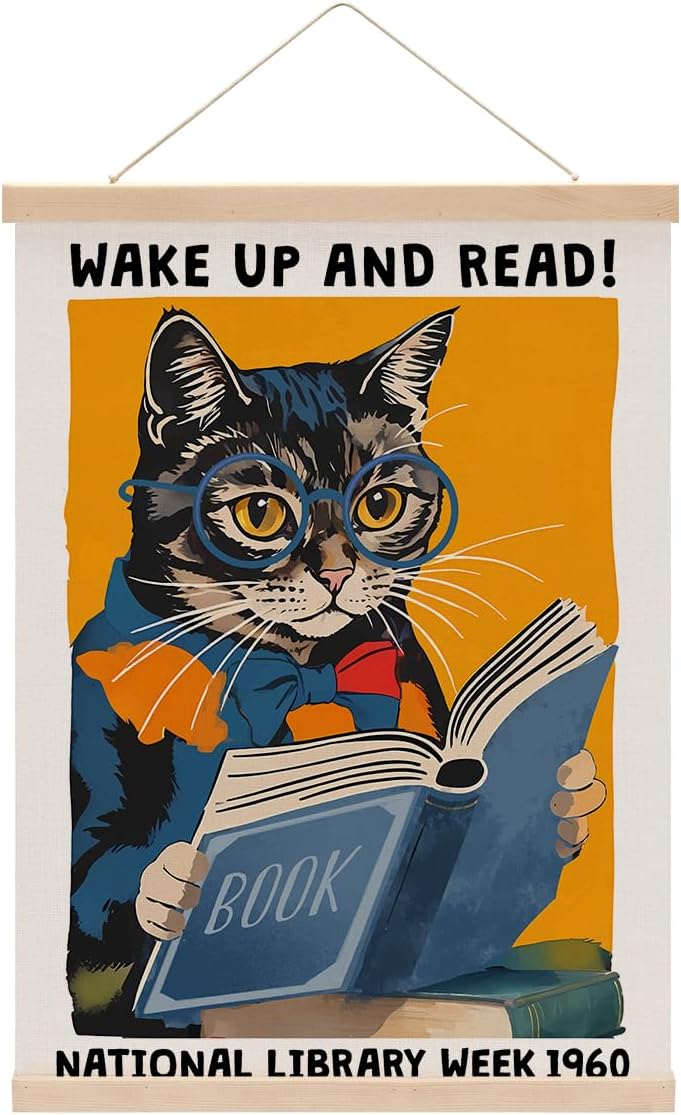 Funny Reading Cat Poster Hanger, Reading Nook Library Decor Wall Decor, Educational Posters Wall Art Wall Hanging Banner Farmhouse Classroom Bedroom Reading Room Apartment Home Decor