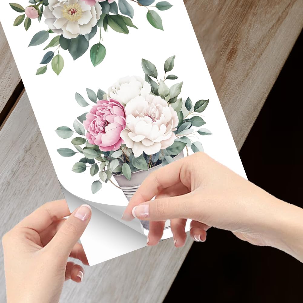 GLOBLELAND 4 Sheets Pink and White Flowers Transfer 11.8x5.9inch Peony Wreath Rub on Transfer Self-Adhesive Wall Art Decals for Farm Bedroom Living Room Desk Table Decoration