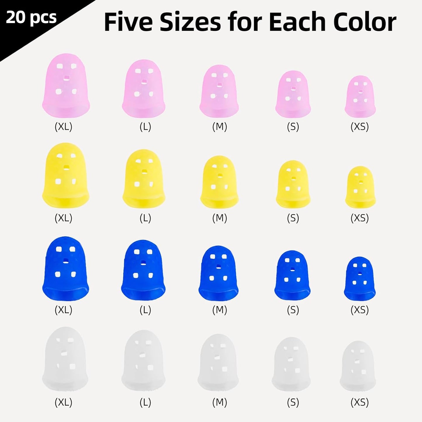 Guitar Fingertip Protector Silicone Thimble 20 PCS Rubber Finger Tips with 5 Sizes (XS-XL),4 Colors for Hand Embroidery Sewing, Carving, Comfort Grip for Guitarists, Office Workers