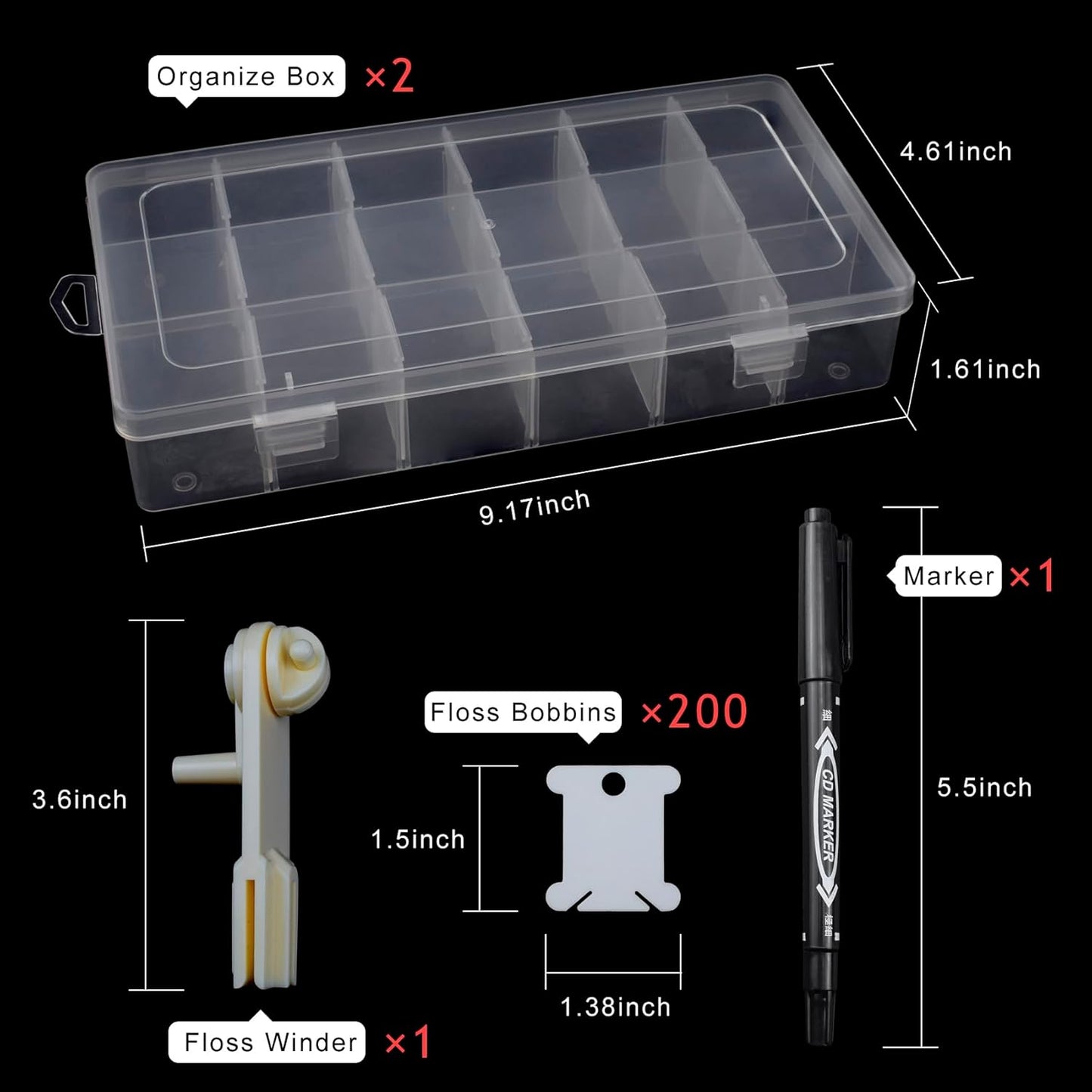Embroidery Floss Organizer, 2 Removable 18 Compartments Cross Stitch Thread Storage Box with 200 Plastic Embroidery Floss Bobbins, 1 Floss Winder and 1 Marker