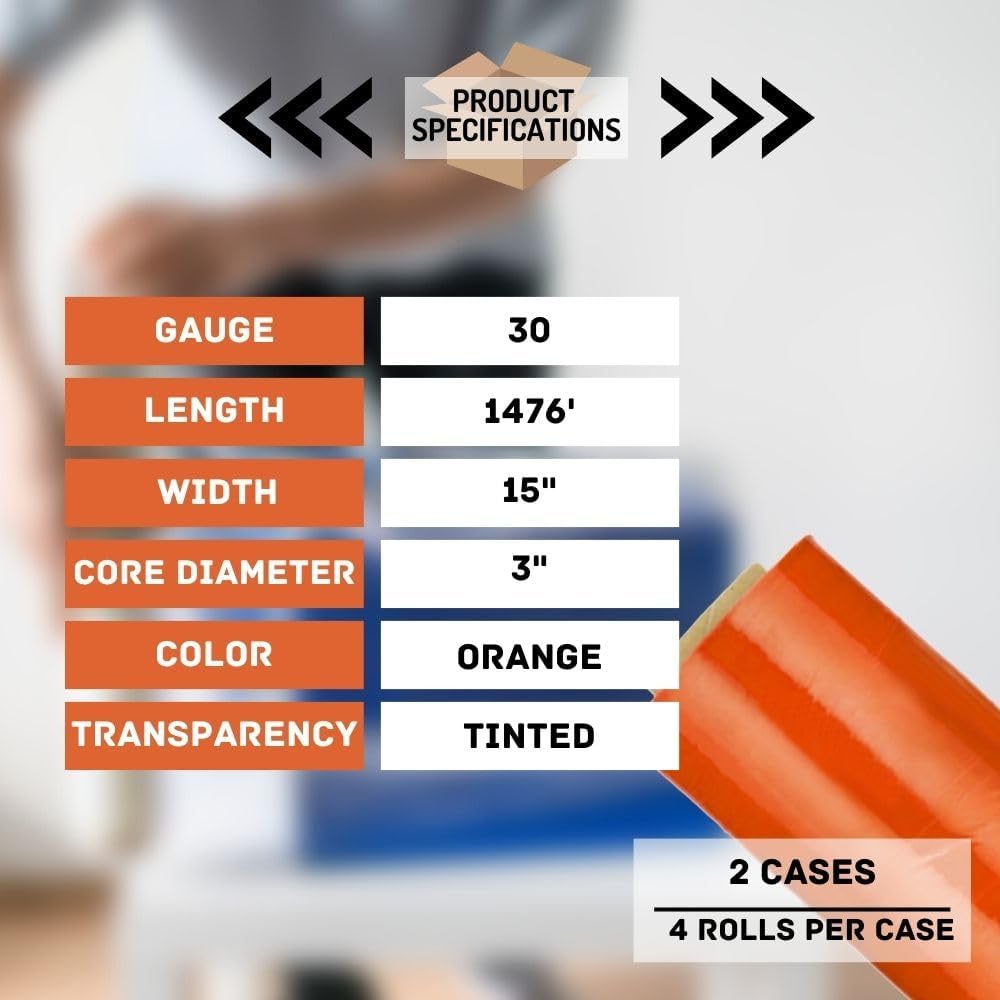 PSBM Orange Stretch Wrap, 15 Inch x 1476 Feet, 8 Pack, Tinted Pre-Stretched Shrink Wrap Film for Moving, Packaging, Pallet Wrapping