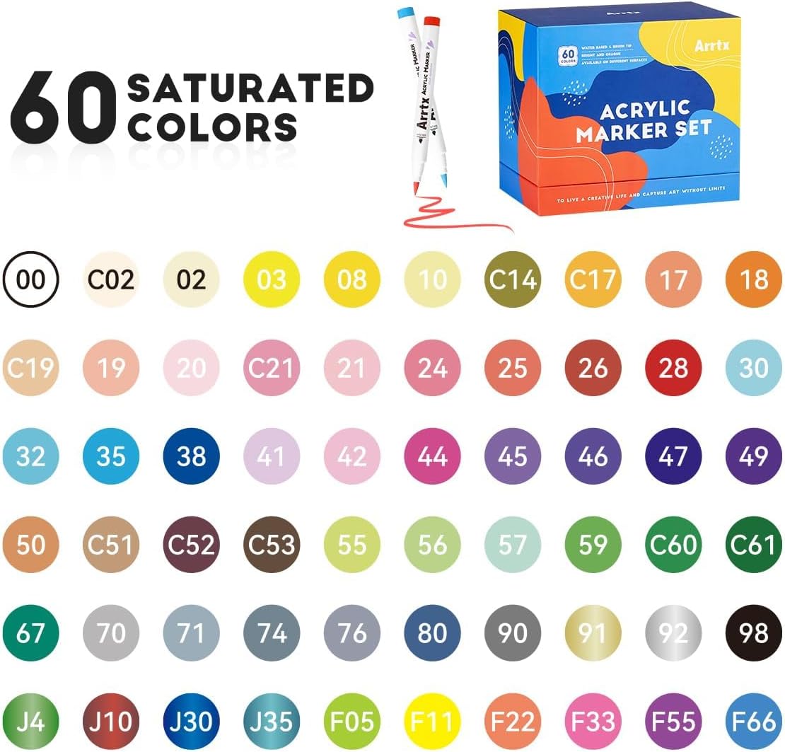 Arrtx 60 Colors Acrylic Paint Pens, Markers Paint Pens, Brush Tip for Rock Painting, Wood, Canvas, Stone, Ceramic, DIY Crafts Making Art Supplies-with Neon & Metallic & Regular Color-60A