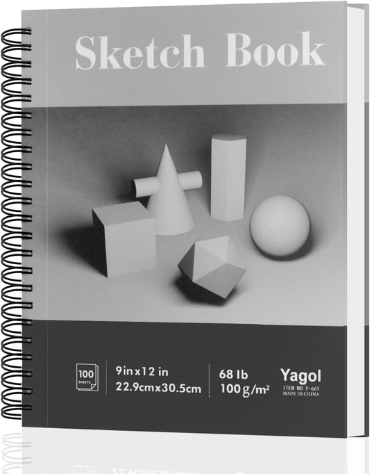 Yagol Sketch Book 9x12 Inch 100 Sheets 68LB/100GSM, Sketch Pad with Spiral-Bound Art Paper for Drawing and Painting for Pencils, Charcoal, Dry Media