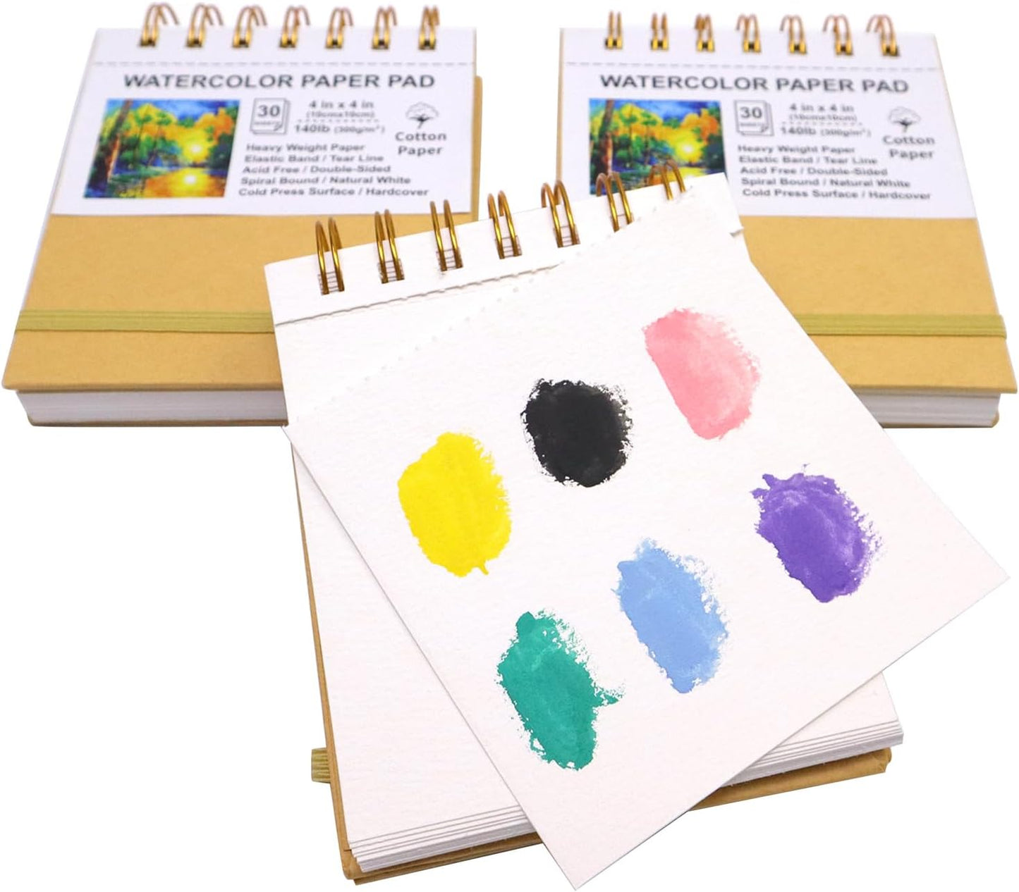 Mini Watercolor Paper Pads, 4x4, 3Pack, Kraft Hardcover Sketch Books, 140lb/300gsm Heavyweight Cotton Paper, Spiral Bound, Cold Pressed, Dual-Sided(Smooth&Texture),Painting Paper for Artists Students