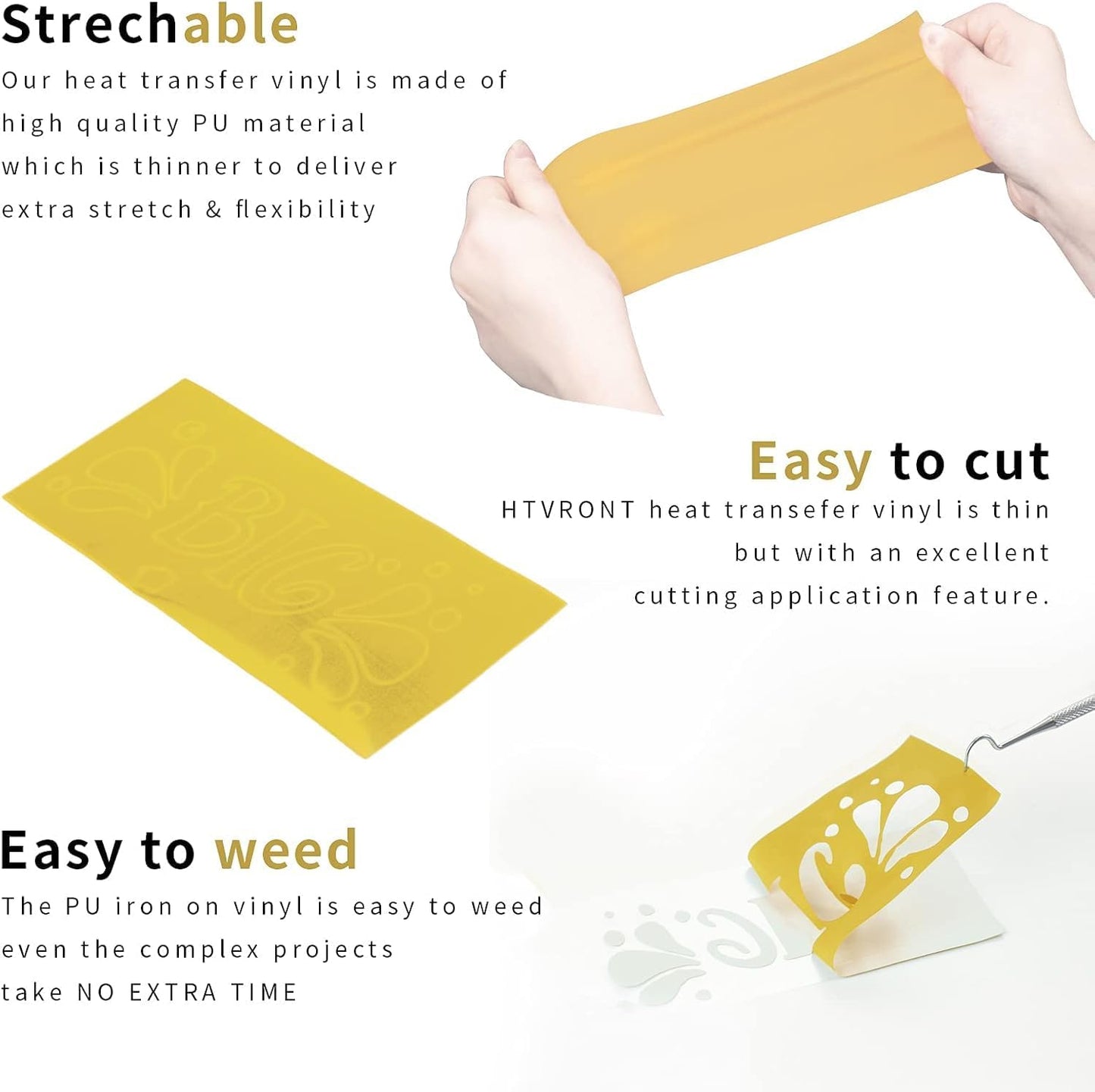 HTVRONT Gold HTV Heat Transfer Vinyl Bundle: 24 Pack 12"x12" Iron on Vinyl Sheets for T-Shirt (1 PTFE Sheet Included), Gold PU HTV Vinyl Easy to Cut & Weed for Heat Design