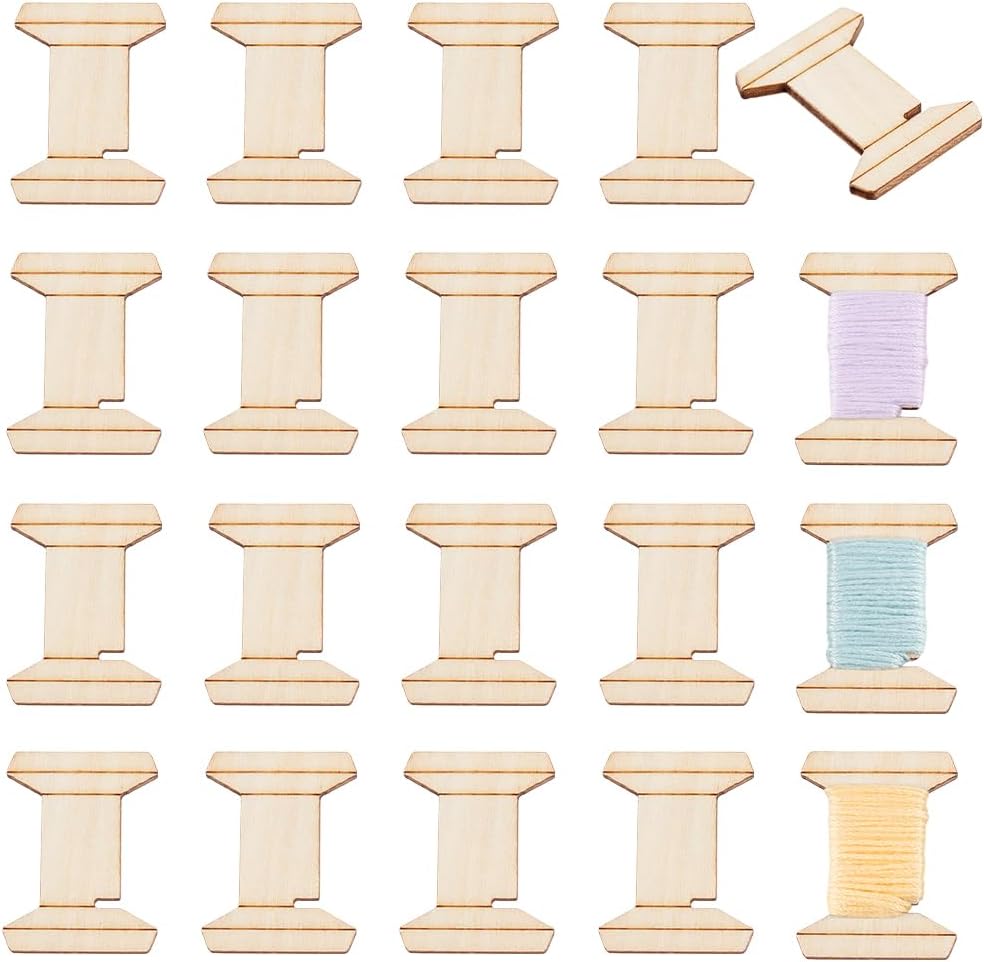 PH PandaHall 20pcs Thread Organizer Bobbin Winder Embroidery Thread Storage Floss Keeper Knitting Thread Holder Spool Shape Wood Bobbins Card for Sewing Crochet Needlework Tool 1.2x1.5 Inch
