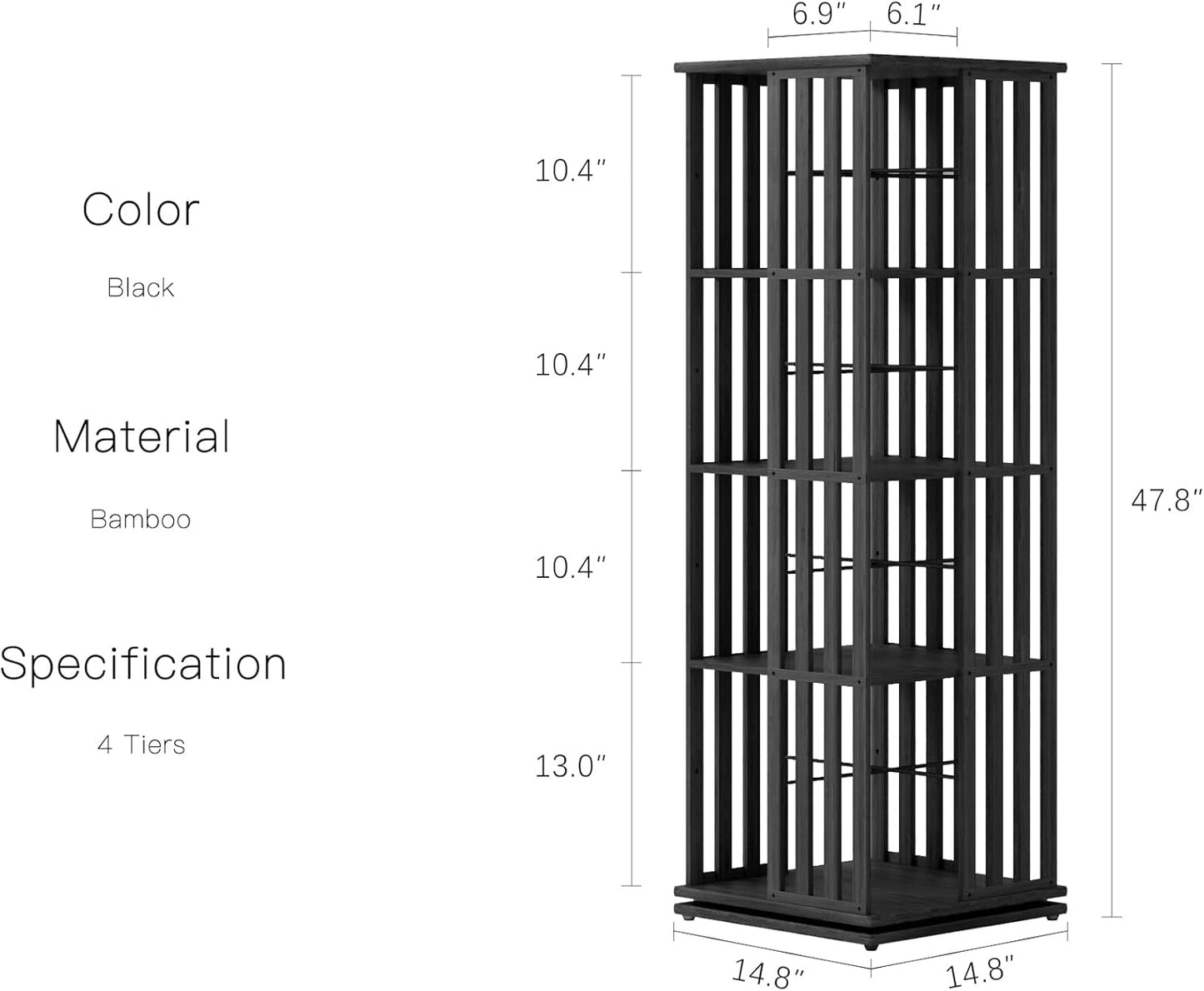 YOWOS Rotating Bookshelf Tower, 360 Display Spinning Bookcase, Bamboo Bookshelf Floor Standing Storage Rack, Wood Narrow Book Shelf Organizer for Kids&Adults (Black, 4 Tier)