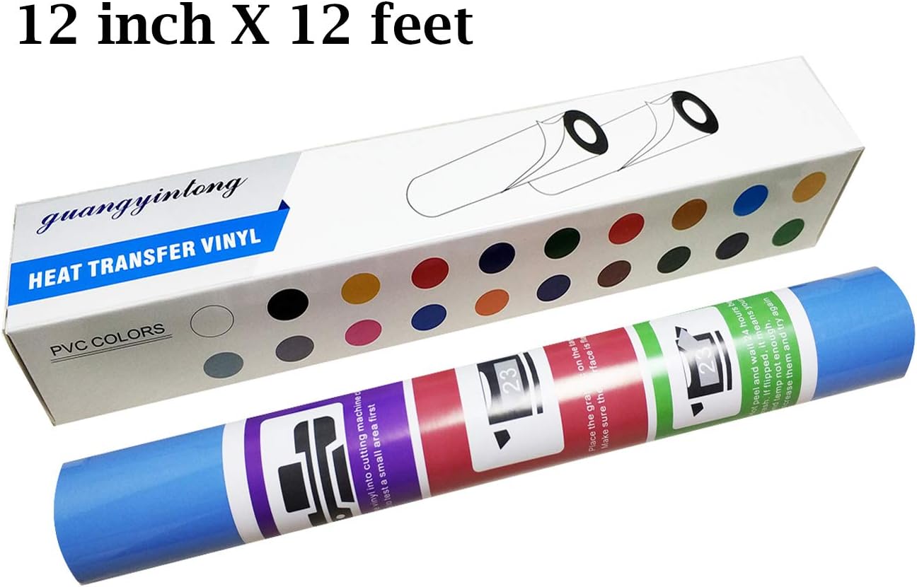 guangyintong Heat Transfer Vinyl Sky Blue HTV Rolls, 12" x 12ft Sky Blue Iron on Vinyl for T-Shirts, Matte Surface Sky Blue HTV Vinyl for All Cutter Machine Easy to Cut & Weed for HTV DIY Design