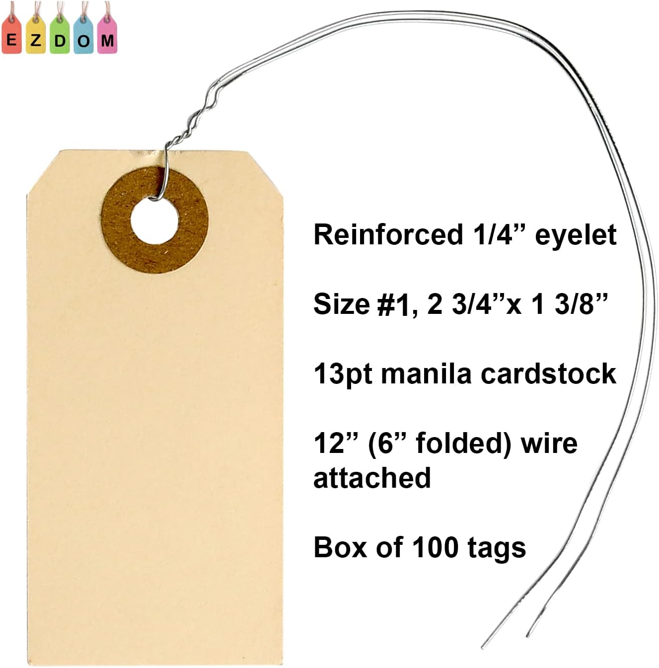 100 Manila Shipping Tags with Wire Attached #1-2 3/4” x 1 3/8” - Small Paper Hang Labels with Metal Ties and Reinforced Hole, Pre-Wired Tags to Tie On