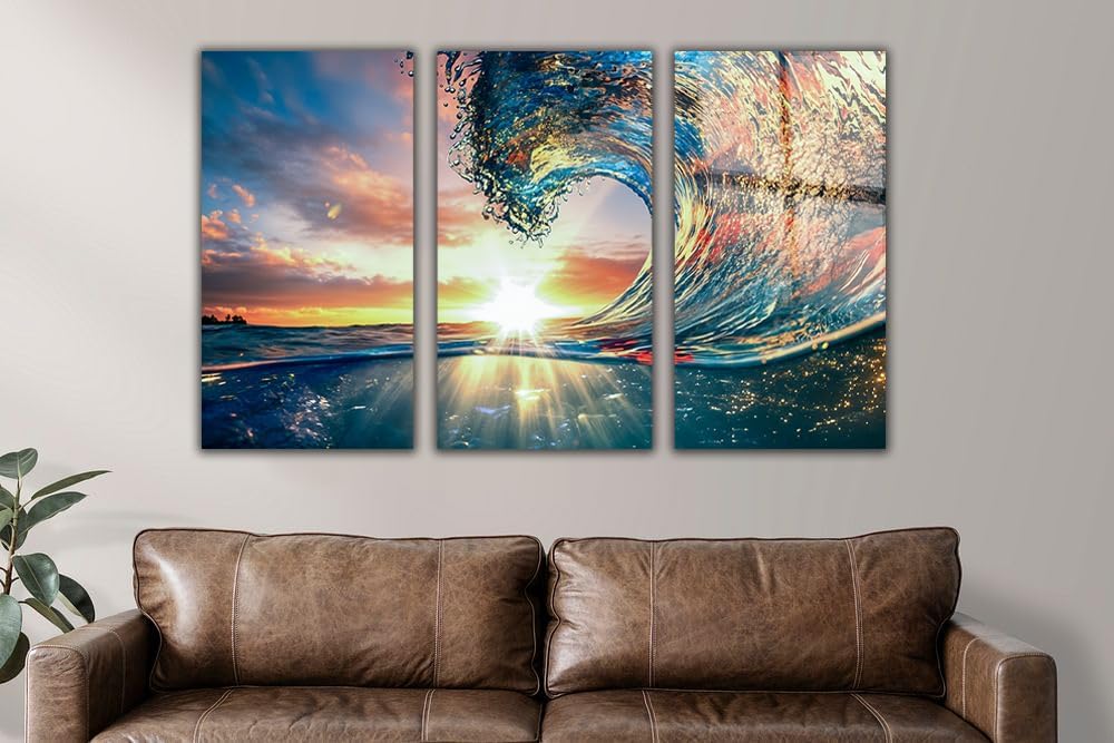 SpiritualHands Shining Sun and Waves Printed Tempered Glass Wall Art Painting for Living Room, Tempered Glass Modern Prints Decor, Large Vivid Color Panel for Bedroom, Kitchen, or Office