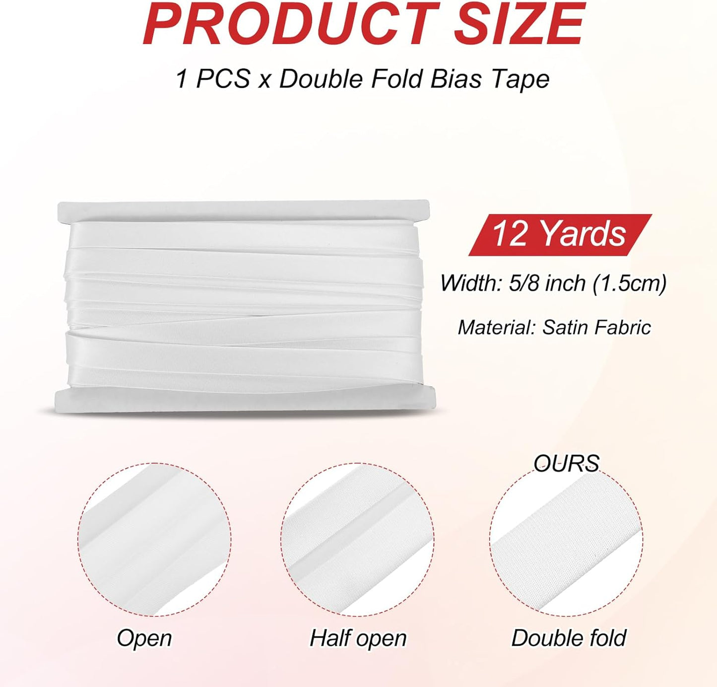 MECCANIXITY Double Fold Bias Tape for Sewing 5/8 Inch x 12 Yards Satin Pre-fold Continuous Binding Tape for Seaming Quilting Hemming Binding DIY Crafts, White