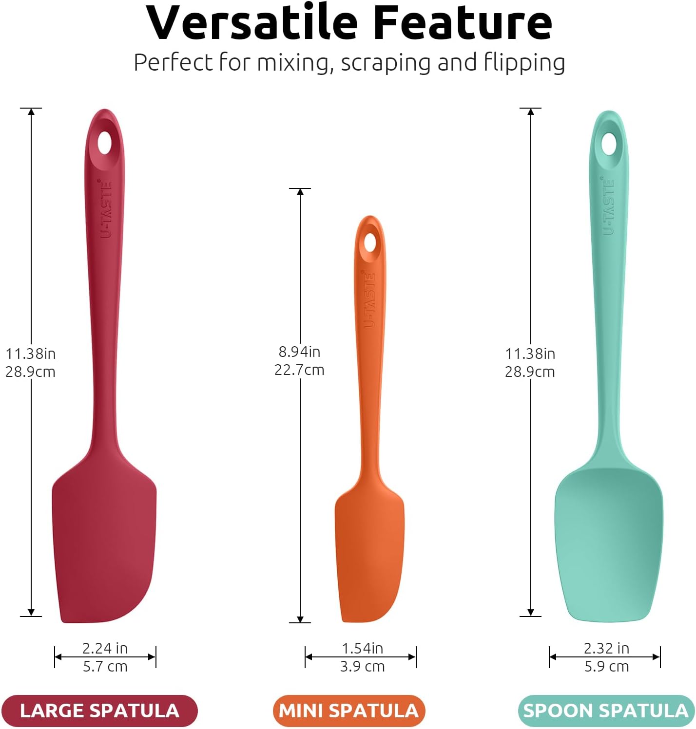 U-Taste Silicone Baking Spatula Set: 600ºF High Heat Resistant, Food Grade Flexible Rubber Kitchen Cooking Mixing Scraper, Food Grade Seamless Utensil for Nonstick Cookware Set of 3 (Multicolors)