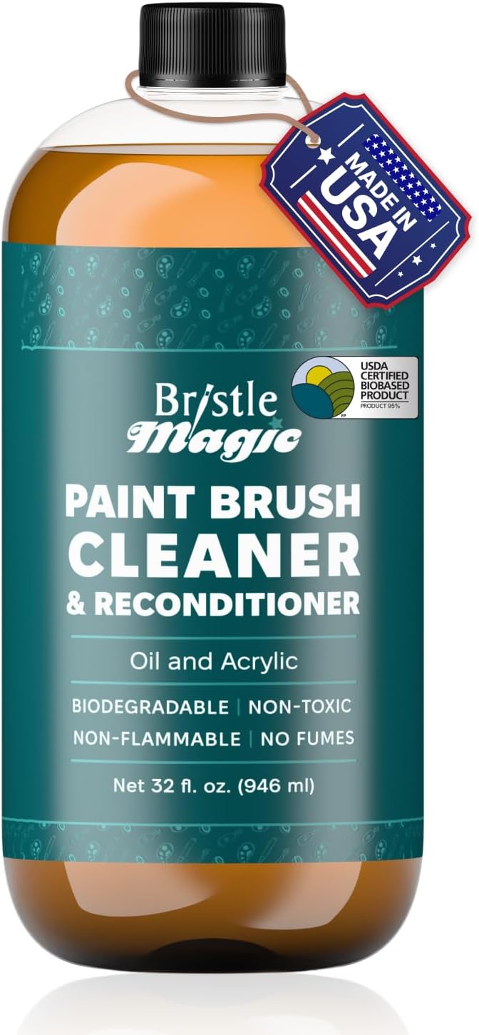 Oil Paint Brush Cleaner and Restorer-Paintbrush Cleaner for Acrylic, Oil, and Glass Paints-Biodegradable, Non-Toxic, Odorless, Eco-Friendly, Quick-Clean Formula Paint Remover (32 Fl Oz)