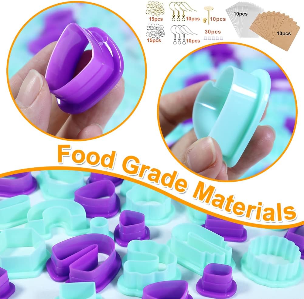 PTFJZ Polymer Clay Cutters for Earring Making - 160pcs Clay Tools Set with Earrings Accessories, 42+8pcs Different Shape Plastic Clay Cutters (Style B- Green+Purple)