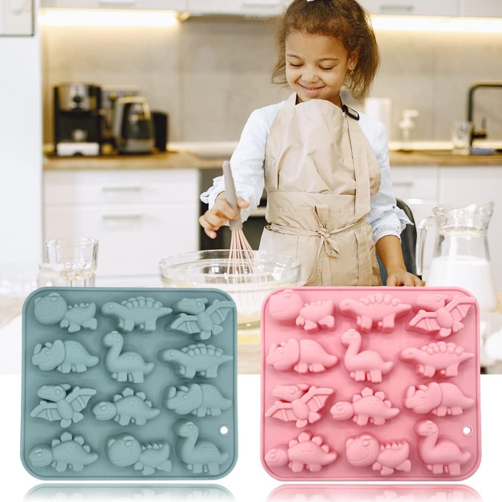 2 Pack 3D Cute Dinosaur Silicone Molds 12 Cavity Dinosaur Themed Baking Mould Tray DIY Baking Tool for Easter Chocolate Cake Dessert Candy Mousse Pastry Handmade Soap Cupcake Topper