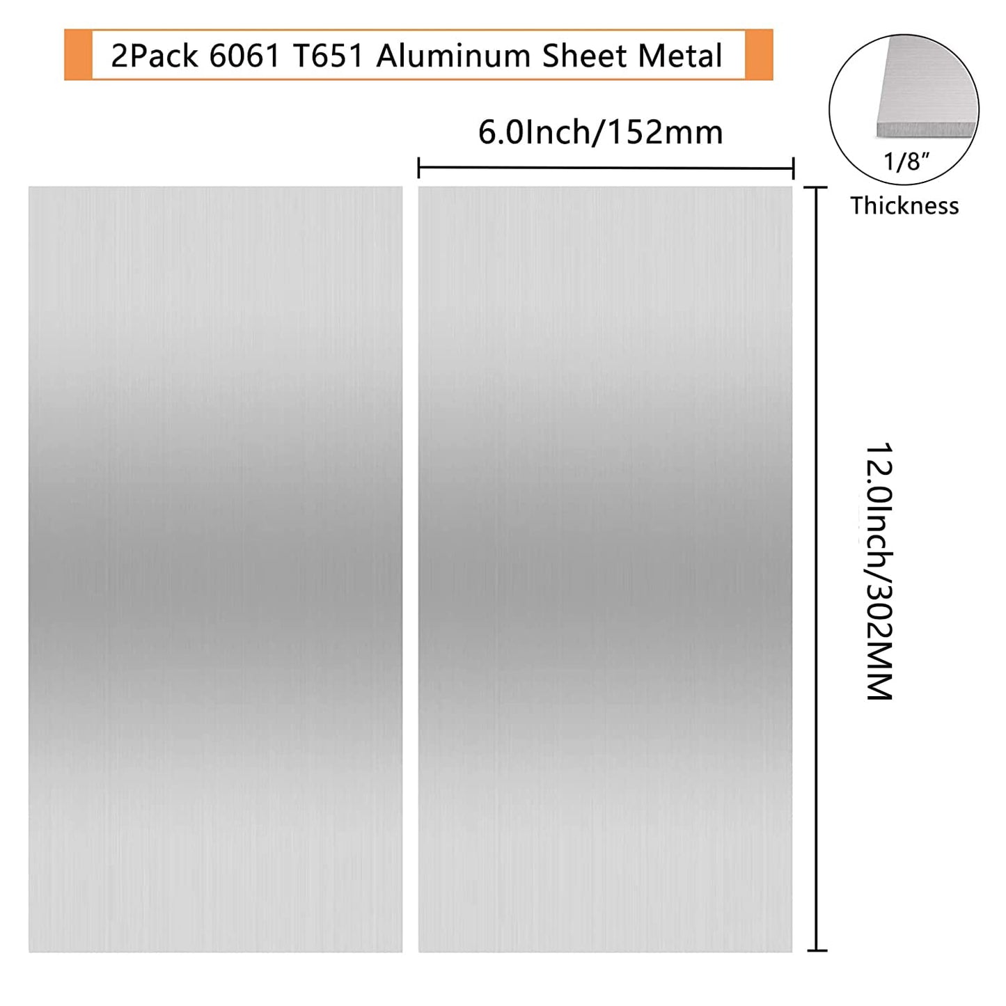 2Pack 6061 T651 Aluminum Sheet Metal 6 x 12 x 1/8 (0.125) Inch Flat Plain Aluminum Plate Covered with Protective Film, Heat Treatable Rectangle 3MM Aluminum Metal Plate for Crafting, lndustry