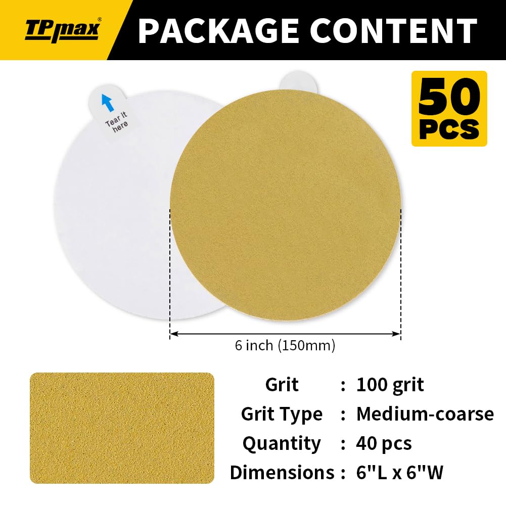 6-Inch 100-Grit Gold PSA Sanding Discs, 50 Pack – Pro-Grade Self-Adhesive Stickyback Sandpaper with Quick-Release Tabs for DA Sander, Medium-Coarse Automotive/Wood/Metal Sanding