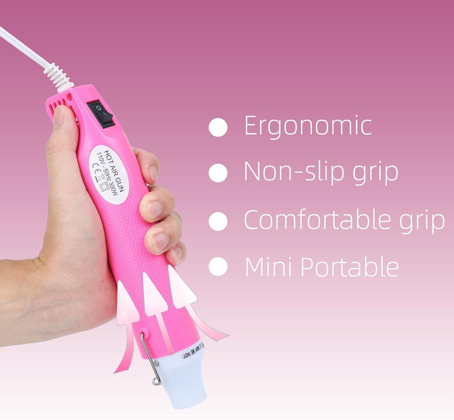 Heat Gun for Crafting, 110V 300W Handed Hot Air Gun, 3.28FT Ultra-Long Cable Portable Heat Gun with Stand and Power Cord for Shrinking Wrapping PVC, DIY Embossing and Drying Paint (Pink)