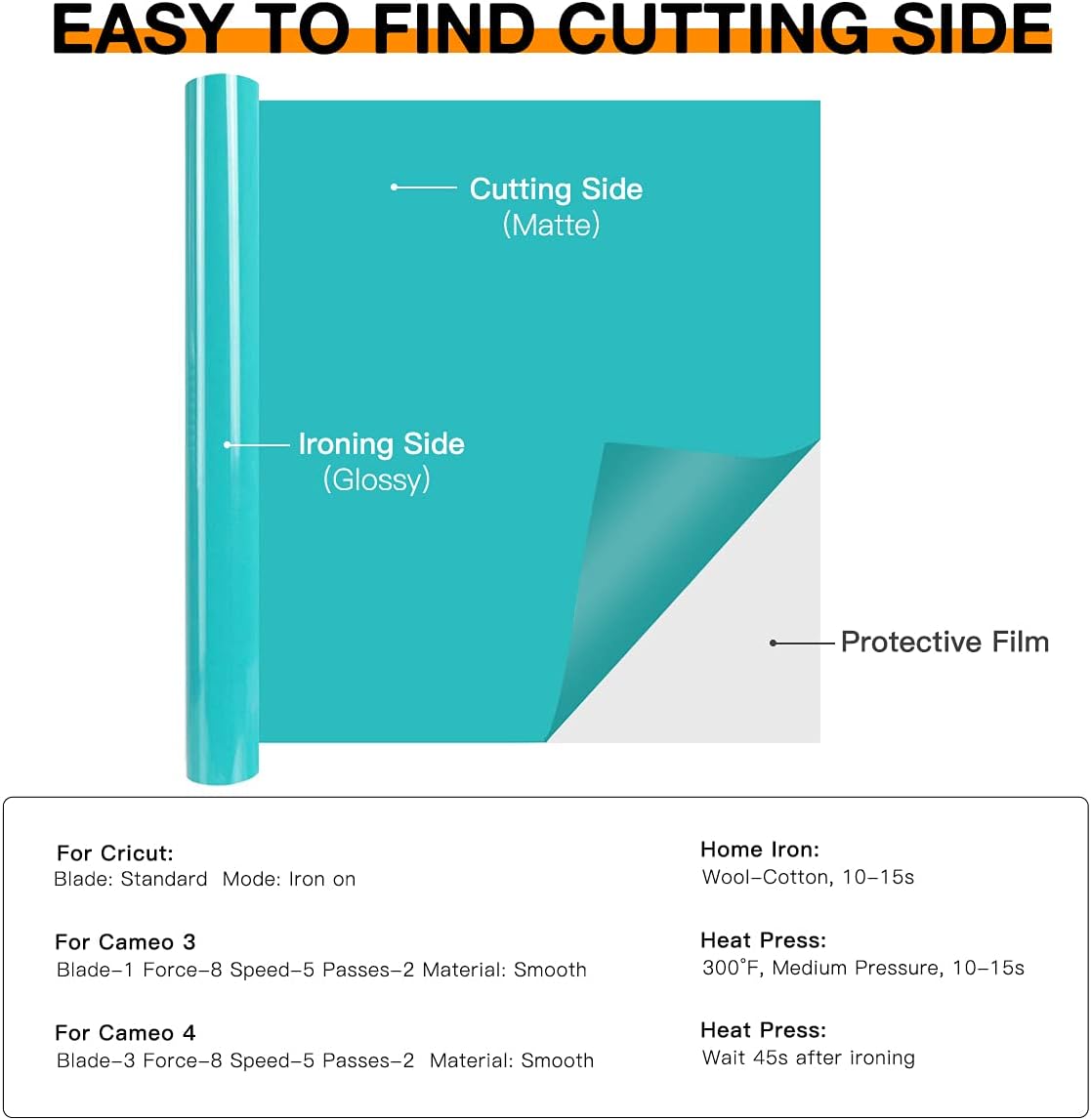 HTVRONT HTV Vinyl Rolls Heat Transfer Vinyl - 12" x 8ft Turquoise HTV Vinyl for Shirts, Iron on Vinyl for All Cutting Machine - Easy to Cut & Weed for Heat Transfer Design (Turquoise)