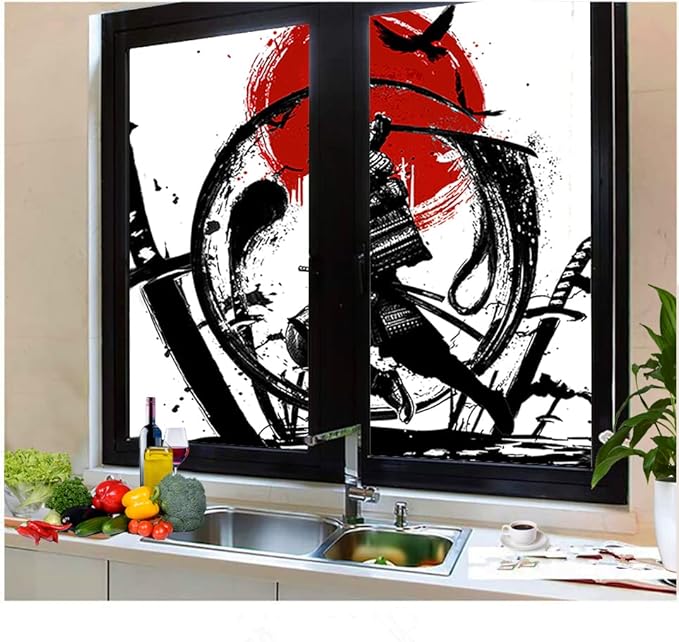 Japanese Samurai Decorative Window Film Watercolor Ink Samurai Sword Red Sun Printdining Room Window Film,Dorm Room Glass Film 23.6Wx78.7L-Inch X2Pcs