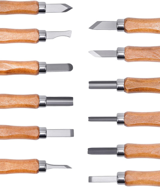 UCEC 12 Pack Linocut Wood Carving Tools Set Linoleum Hand Wood Carving Kit Whittling Knives V-chisel Angled Gouge Half Round Woodcarving Tools Set Whittling Kit for Linocut Printmaking Supplies Gift