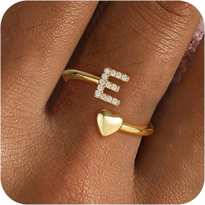 Gold Initial Rings for Women Girls, Dainty 14K Gold Plated Adjustable Initial Rings Cute Heart Zirconia Ring for Women Teen Girl Gifts