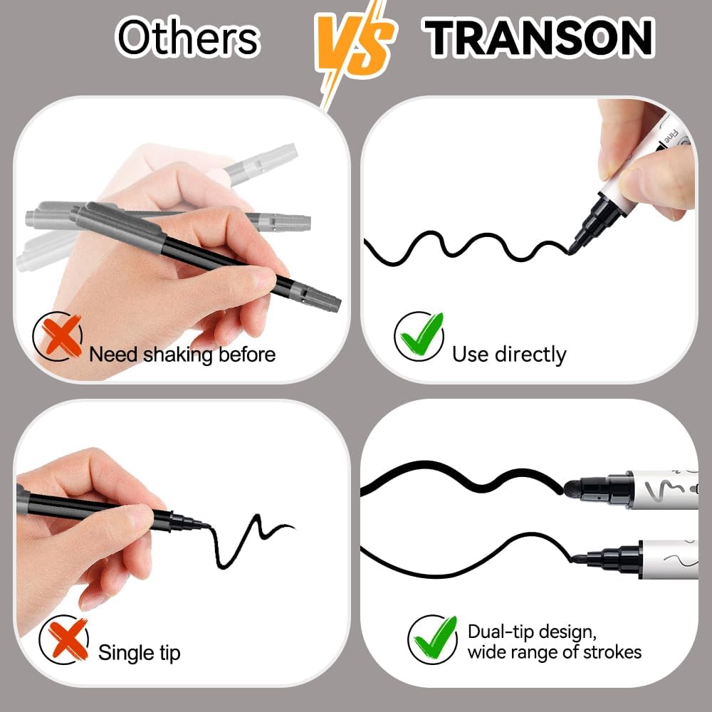 TRANSON 4 Black and 4 White Paint Markers Bold and Fine Dual-tip Acrylic Paint Marker Set for Rock Painting Glass Canvas Wood Leather Ceramic Painting