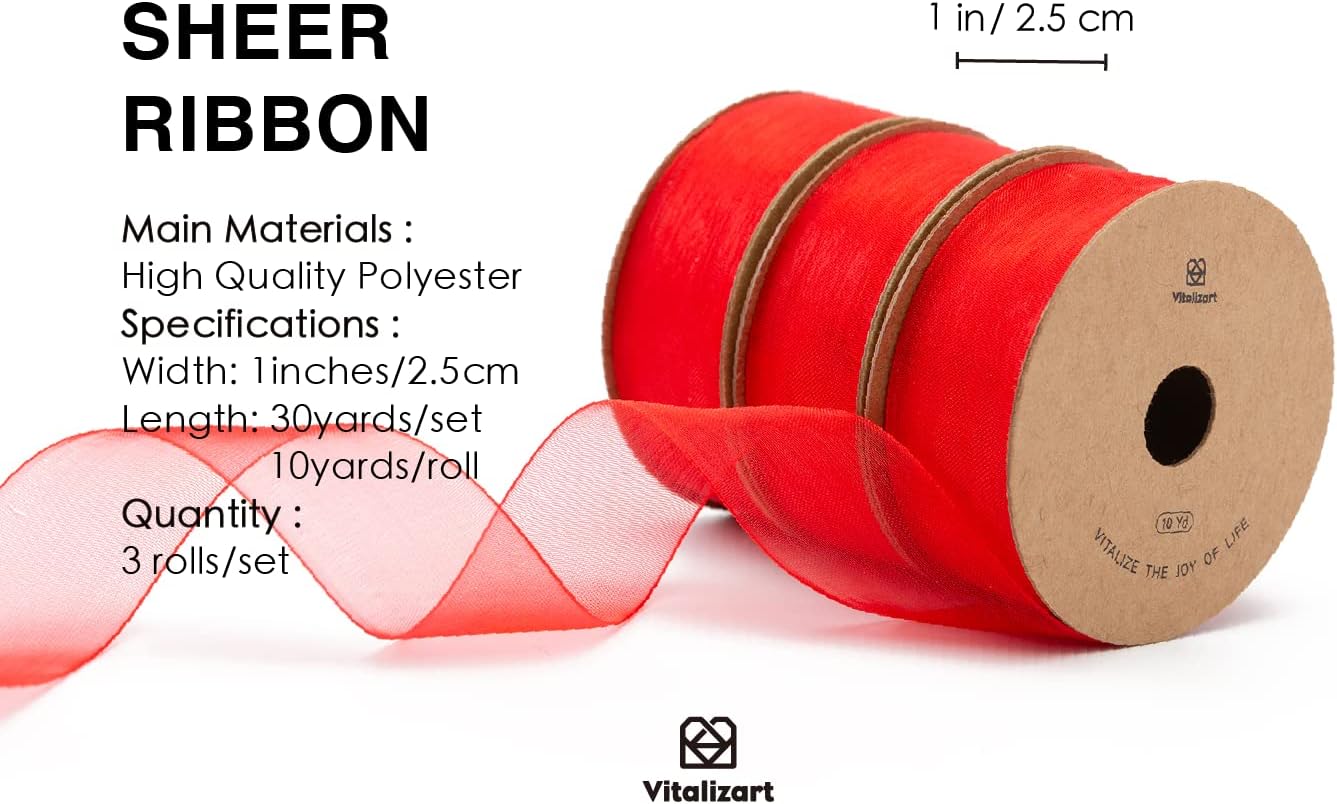 Vitalizart Red Organza Ribbon for Gift Wrapping 1 inch x 30 Yd Extra Density Sheer Fabric Christmas Card Supplies Crafts Bows Tree Decor Wedding Wreaths Wrap 3 Rolls x 10 Yd