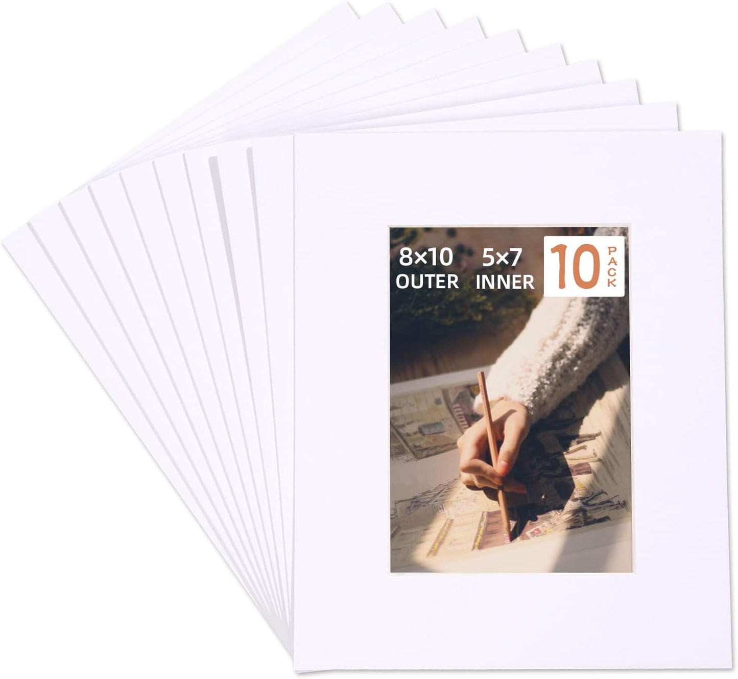 HOTUO 10 Pack Acid Free White Picture Frame Mats, Pre-Cut 8x10 Picture Mats with Ivory Core Bevel Cut for 5x7 Photo, Signature Friendly 4 Ply Thickness Photo Mat for Frames/Artwork/Prints/Pictures
