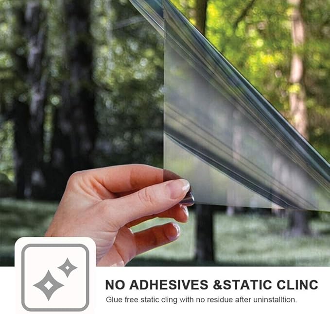Filmgoo Window Privacy Mirror Film Non-Adhesive Static Cling One Way Daytime Privacy Film Sun Blocking Heat Control Window Tinting Film for Home Office, Black-Silver, 29.5 Inch x 13.1 Feet