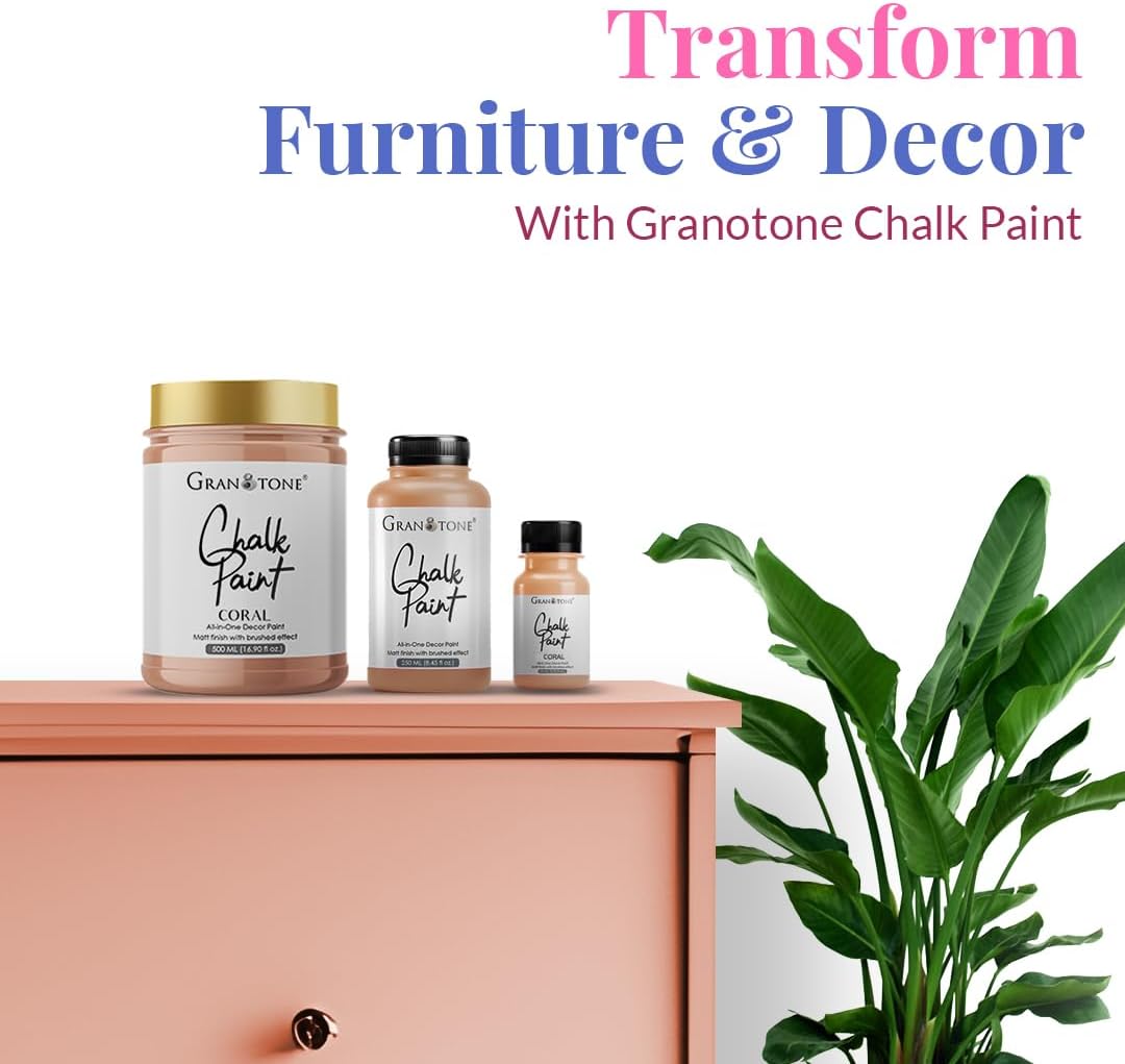 GRANOTONE Chalk Paint for Furniture | Matt-Finish Water-Based Acrylic Paint for Wood, Walls, Metal, Glass, Paper, Fabric Canvas | Maximum Coverage Chalk Paint for Kids & Adults, 500 Ml (CORAL)