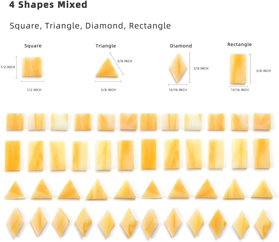 Lanyani Glass Mosaic Tiles for Art Crafts,4 Shapes Mixed Tiffany Stained Glass Pieces,200 Pieces,Square/Rectangle/Diamond/Triangle,Amber Yellow