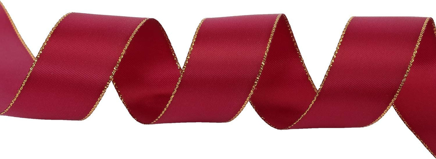 ITIsparkle 1" Inch Double Faced Satin Ribbon 25 Yards with Gold Edges, 1" X 25Yd - Wine