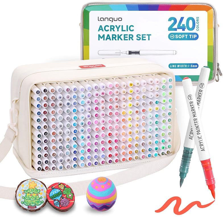240 Colors Acrylic Paint Markers, Soft Brush Tip Acrylic Paint Pens for Paper, Rock Painting, Glass, Mugs, Fabric, Water Based Drawing Marker Set, Acrylic Painter Ink