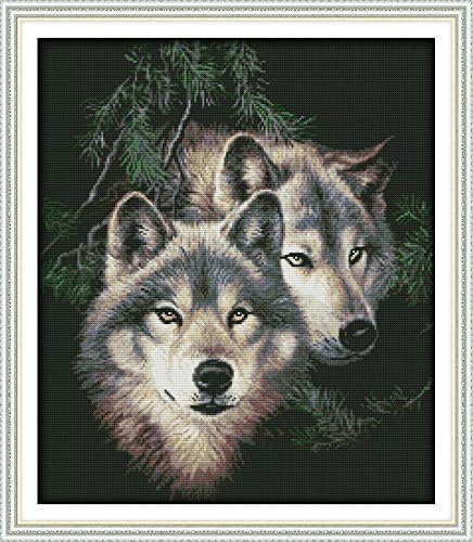 Stitchmelody Counted Cross Stitch Kits,14CT Unprinted Embroidery Set DMC Needlework- Wolves Couple 17.3''×20''