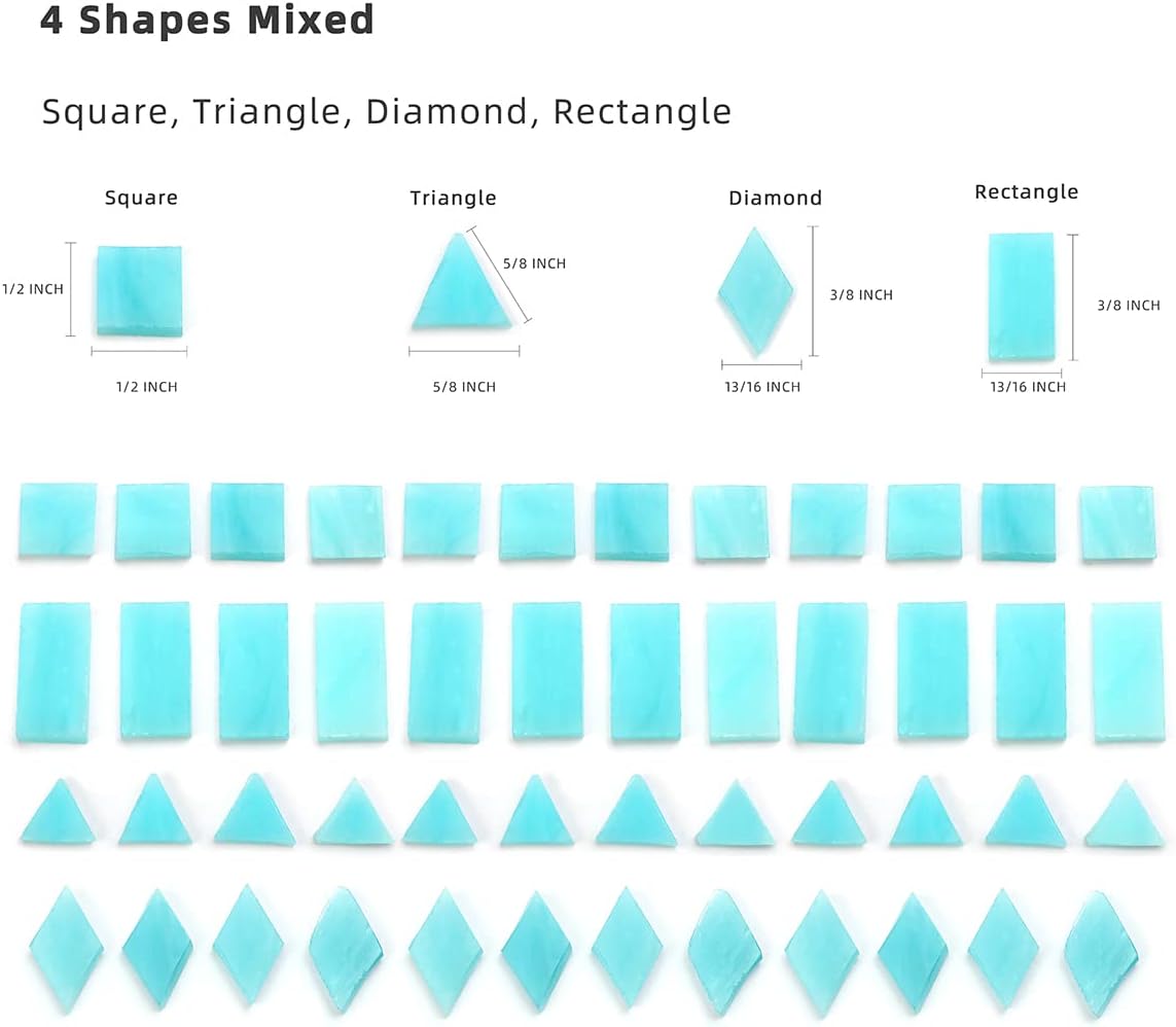 Lanyani 200 Mixed Color Glass Mosaic Tiles - 4 Shapes, Tiffany Stained Glass Pieces for Crafts, Robins Egg Blue