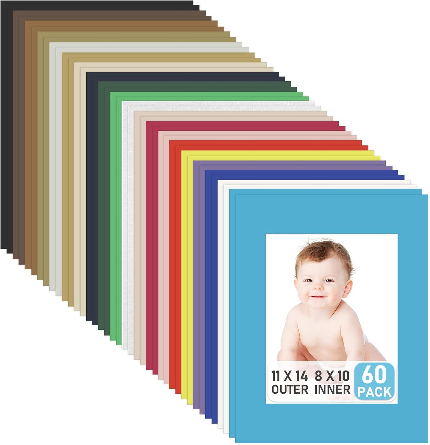 60 Pack Picture Mats 11 x 14 Inch Frame Mattes Matting with Acid Free Pre Cut Mattes White Core Bevel Cut Mats for 8 x 10 Pictures for Home Gallery Wall Hanging Art Decoration (Mixed Colors)