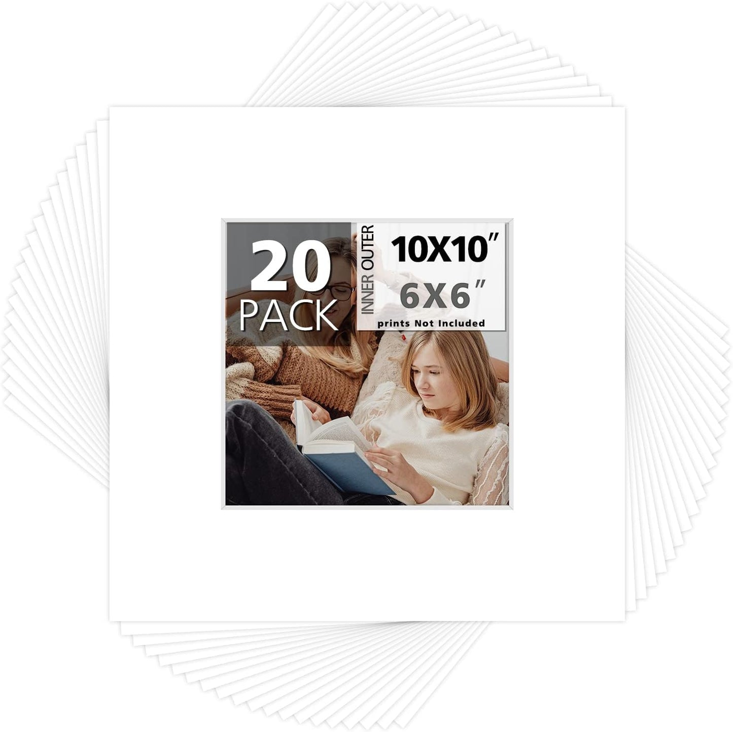 Mat Board Center, Pack of 20, 10x10 for 6x6 White Photo Picture Mats - Acid Free, 4-ply Thickness, White Core - for Pictures, Photos, Framing
