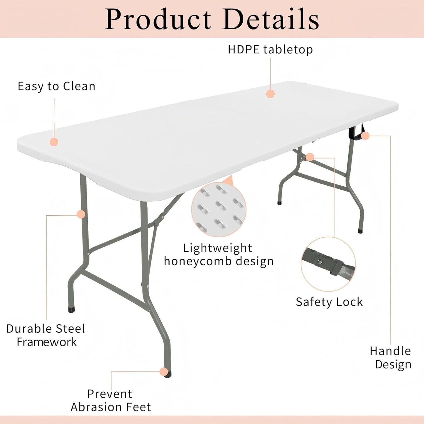 Set of 2 Folding Tables with Carrying Handle Lightweight Rectangular Portable Plastic Camping Table Steel Legs for Party, Dining, Wedding, Events, Picnic Indoor, Outdoor (6FT, White)