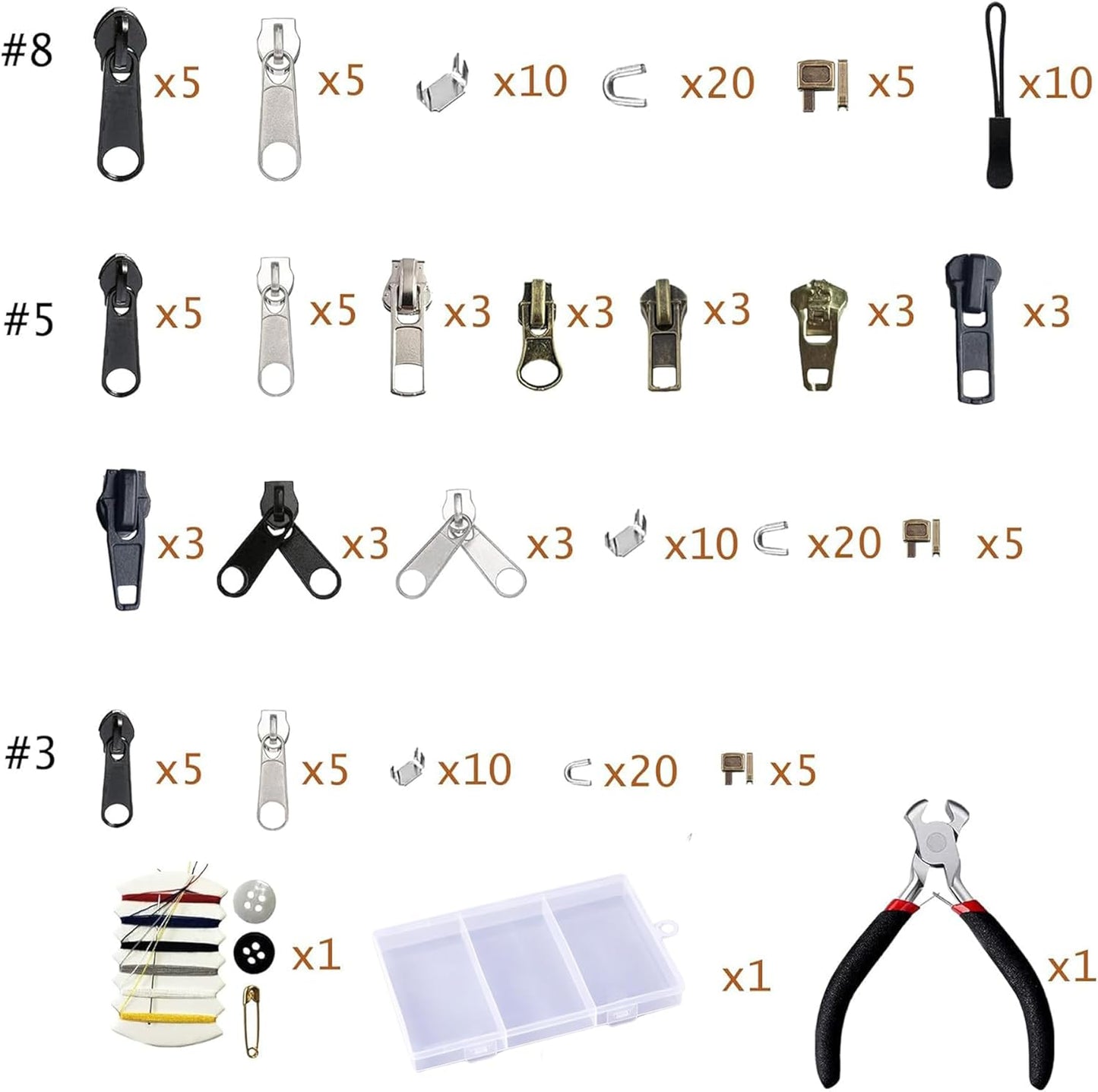 265pcs Zipper Repair Kit, Zipper Pull Replacement with Instant Pliers for Luggage, Coats, Jackets,Tents, Backpacks(All-in-One)