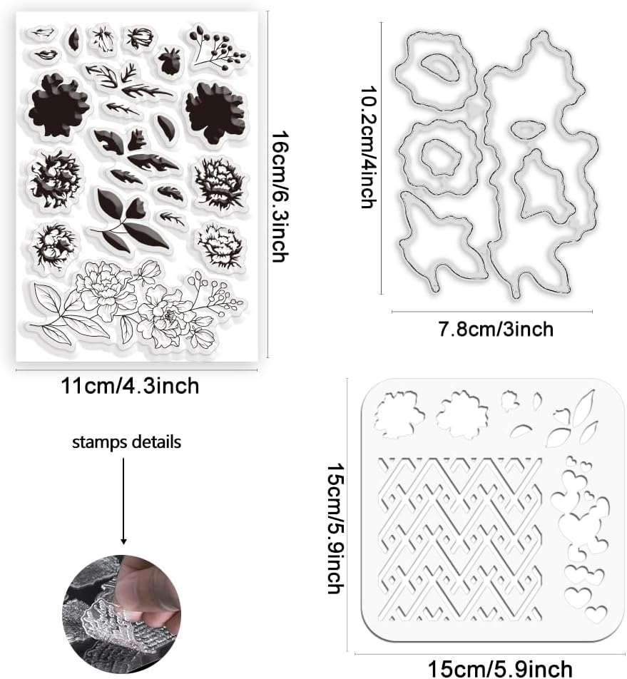 ORIGACH Realistic Flower Layering Stencil Stamp and Die Set for Card Making, Silicone Stamps Metal Die Cut and Stencil Template for Card Making Scrapbooking DIY Crafting