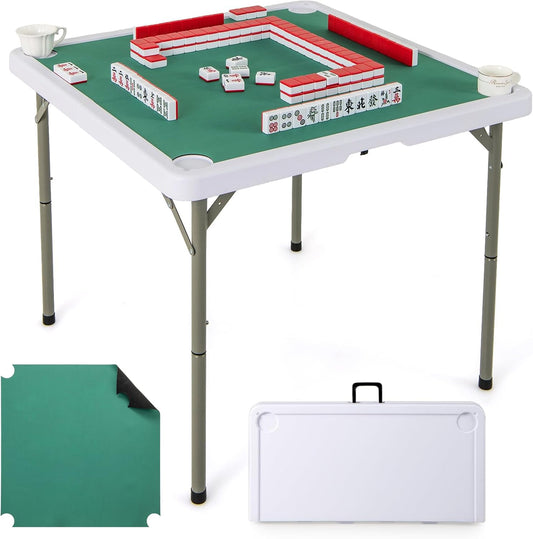 Giantex Folding Mahjong Table, 35" Square Card Table with Cup Holders, Removable Noise Reduction Mat, HDPE Tabletop, 4-Player Portable Domino Tables for Poker Blackjack Board Game (Pure Green)