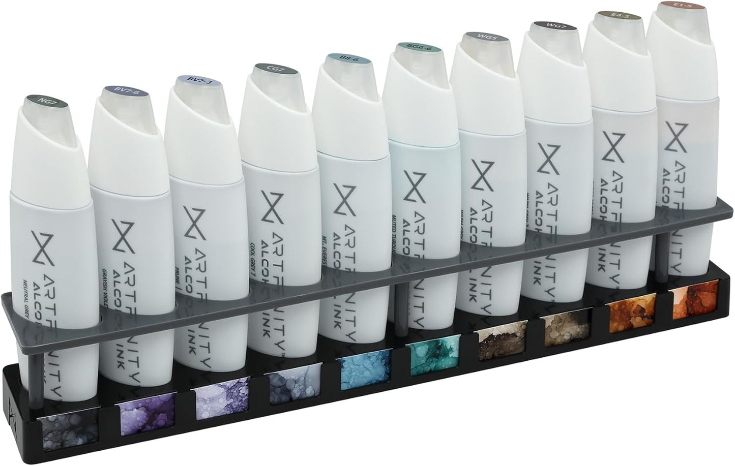 Artfinity Alcohol Ink Throwing Shade Set of 10 Colors (25 ml) with Free Acrylic Stand - for Painting or Alcohol Marker Refill Ink, Acid-Free, Fast-Drying, Permanent, Transparent, Swatch Template