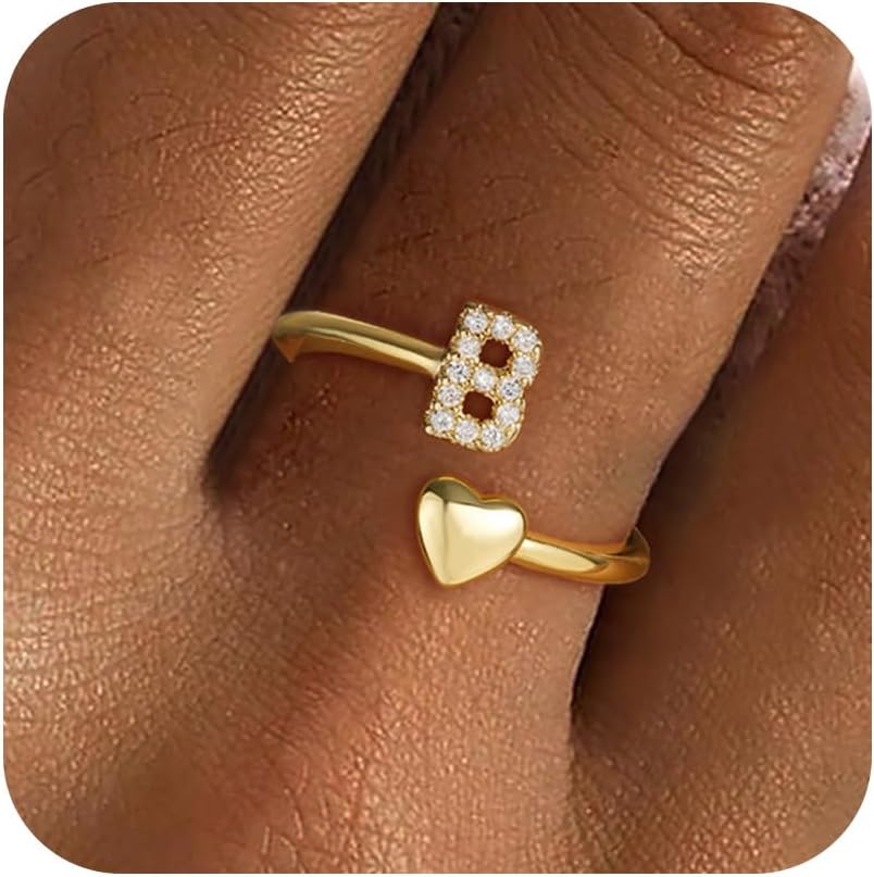 Gold Initial Rings for Women Girls, Dainty 14K Gold Plated Adjustable Initial Rings Cute Heart Zirconia Ring for Women Teen Girl Gifts