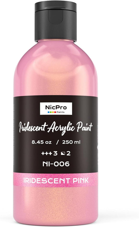 Nicpro Iridescent Pink Acrylic Paint, 8.45oz / 250ml Large Bottle Pink Metallic Acrylic Paint, Color Shifting & Non-Toxic Art Painting Supplies For Craft Canvas Fabric Rock Wood Ceramic Metal