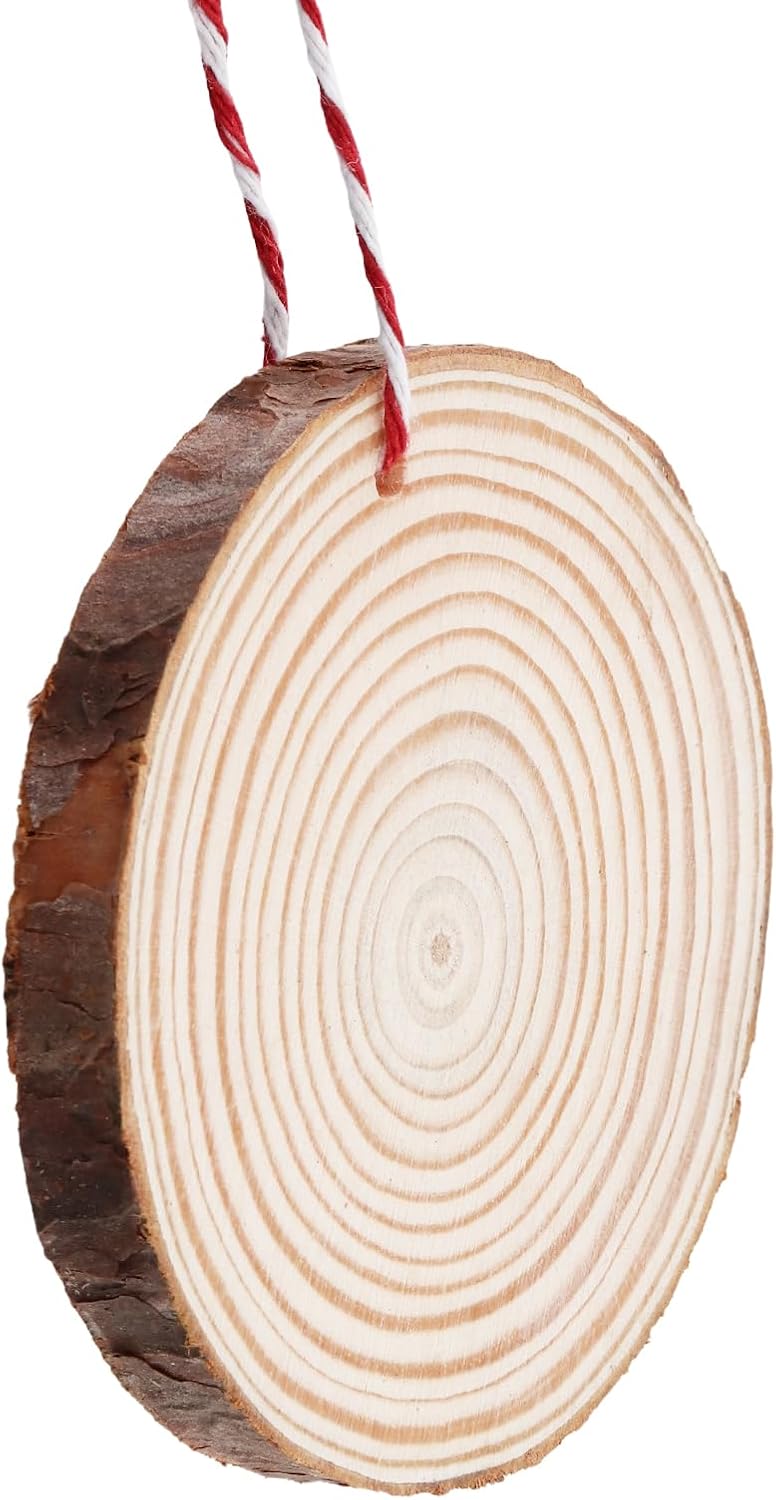 60 Pieces Wood Slices with Hole, 3.5-4 Inch Unfinished Round Wooden Circles with Bark for DIY Crafts, Wedding Centerpieces