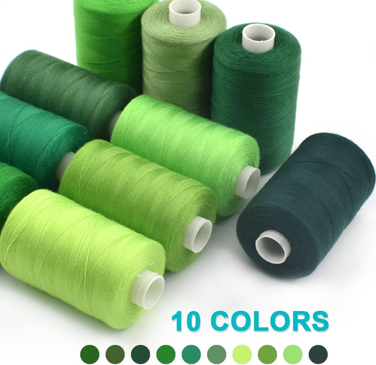 Sewing Thread 10 Color Sewing Industrial Purpose 1000 Yards Per Spool 40S/2 Polyester for DIY Sewing Machine,Embroidery Machine,Hand Sewing (Green)