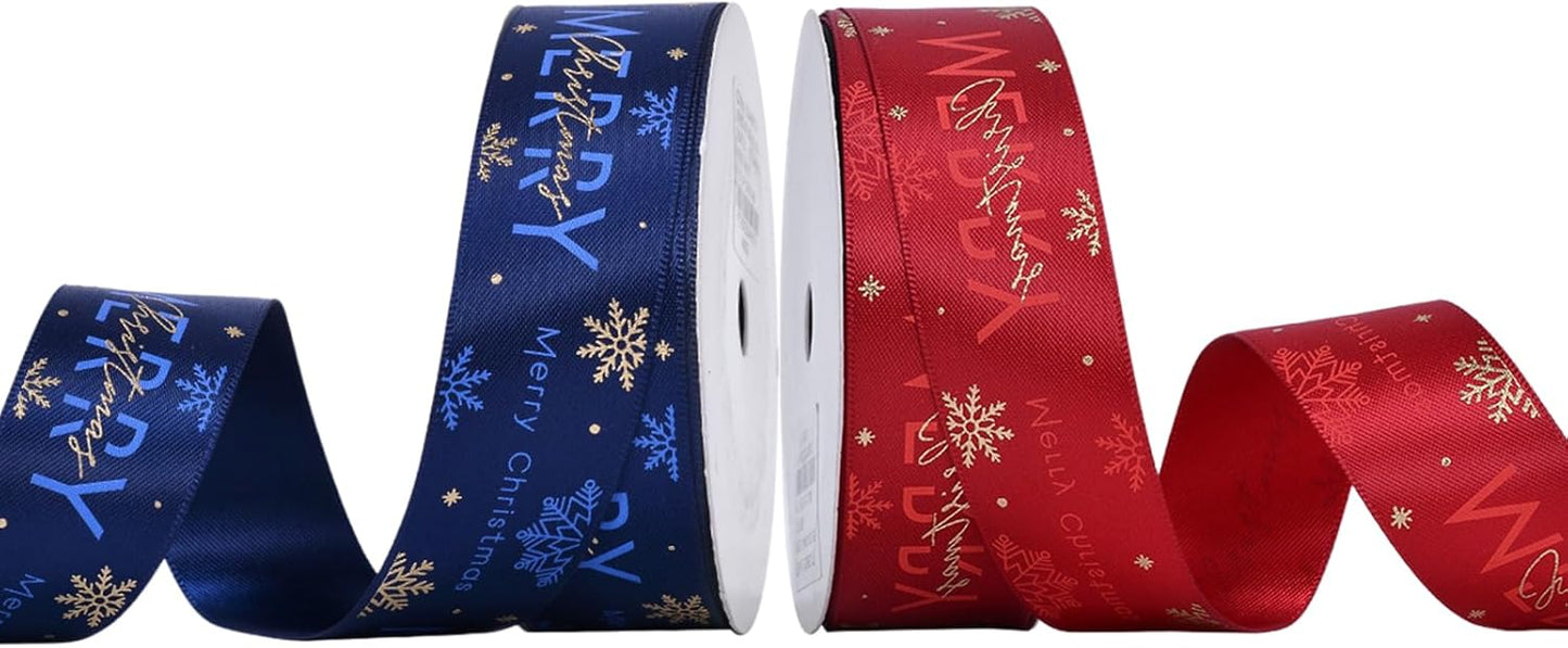 Christmas Gift Wrapping Ribbon, Red, Green, 2 Rolls Printed Grosgrain Ribbons for Crafts, Floral Bouquets, Sewing, Party and Festive Holiday Decor (2 Rolls(Blue/Red), 1 Rolls=1in * 5Yards)