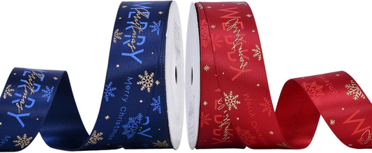 Christmas Gift Wrapping Ribbon, Red, Green, 2 Rolls Printed Grosgrain Ribbons for Crafts, Floral Bouquets, Sewing, Party and Festive Holiday Decor (2 Rolls(Blue/Red), 1 Rolls=1in * 5Yards)